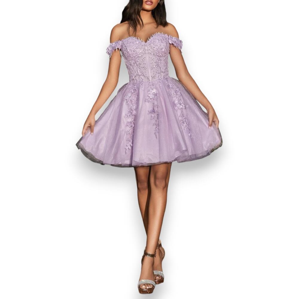 LaDivine Cinderella Divine A-Line Beaded Cocktail Dress Lavender XS Off Shoulder